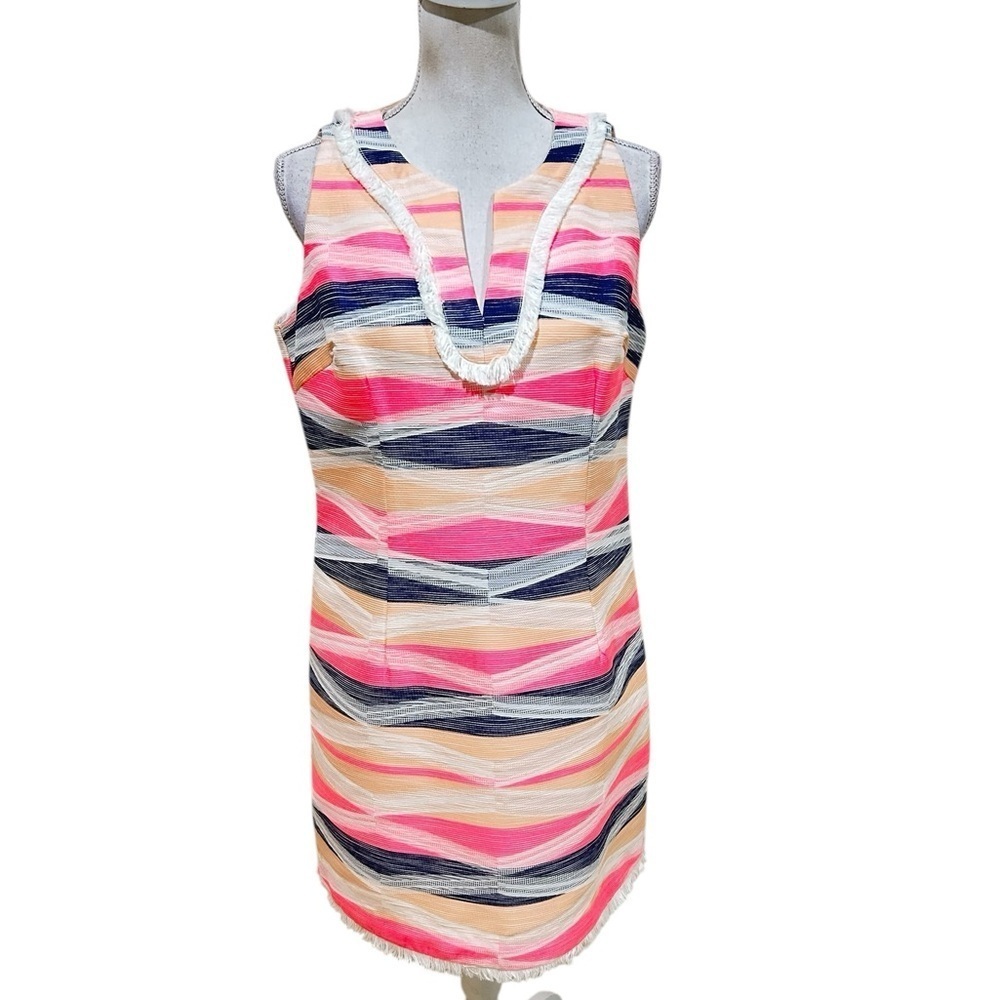 Trina Turk Delmi neon pink, navy, white stripe sleeveless v neck shift dress 12